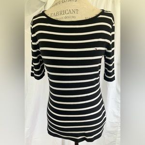 Tommy Hilfiger Womens Boat Neck Quarter Sleeve Blouse in Black White Stripe Sz M
